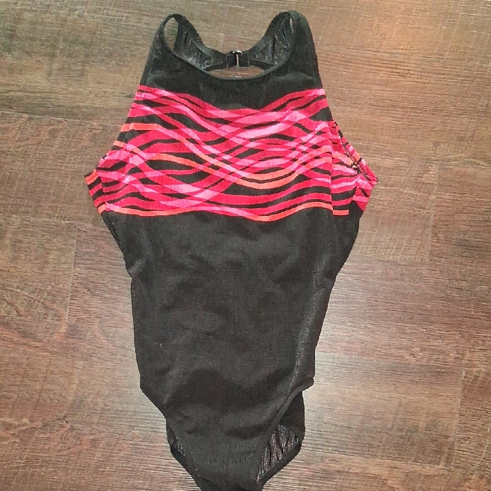 Vintage Jantzen Black One-Piece Swimsuit with Pink Wave Detail
